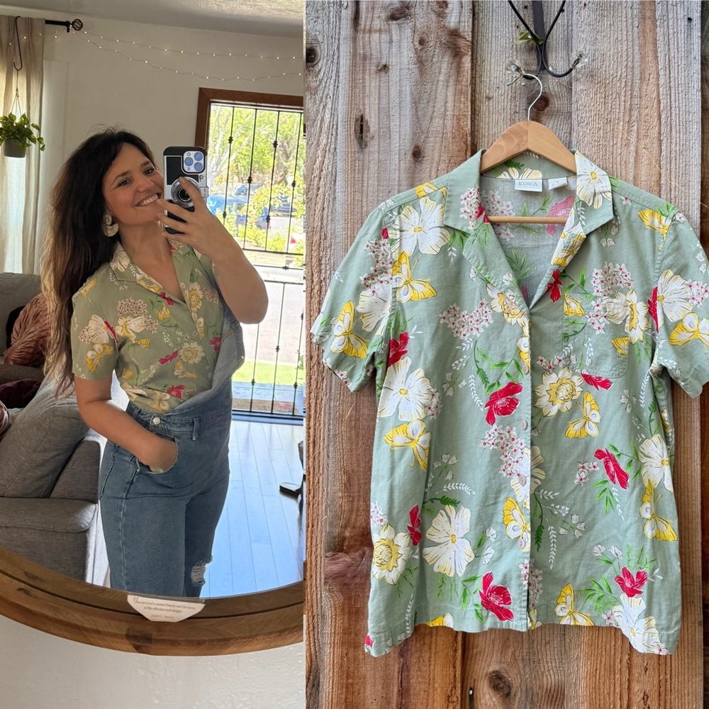 Vintage Sage Hawaiian Floral Short Sleeve Button-Up Shirt 🌿